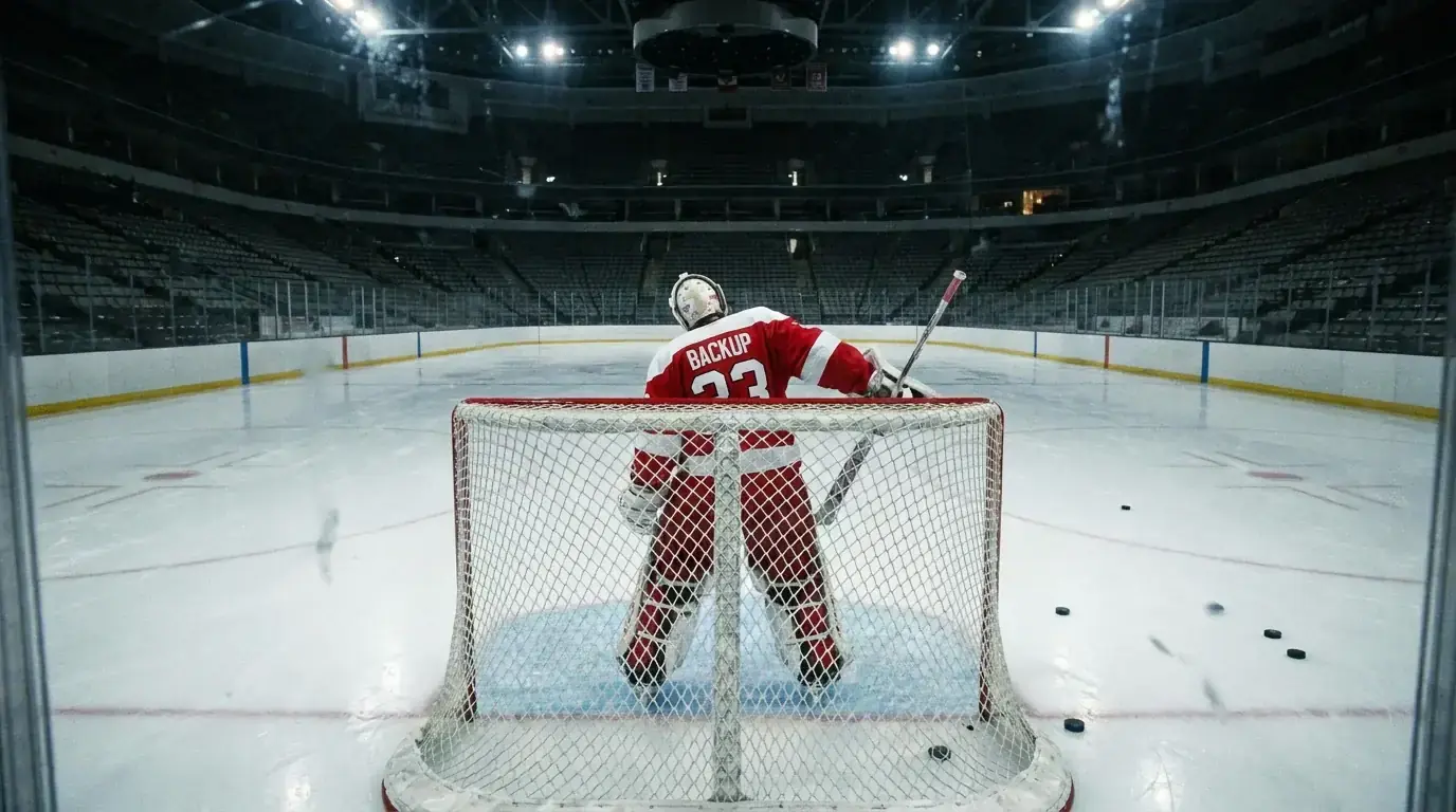Backup NHL goaltender warming up on ice before a game