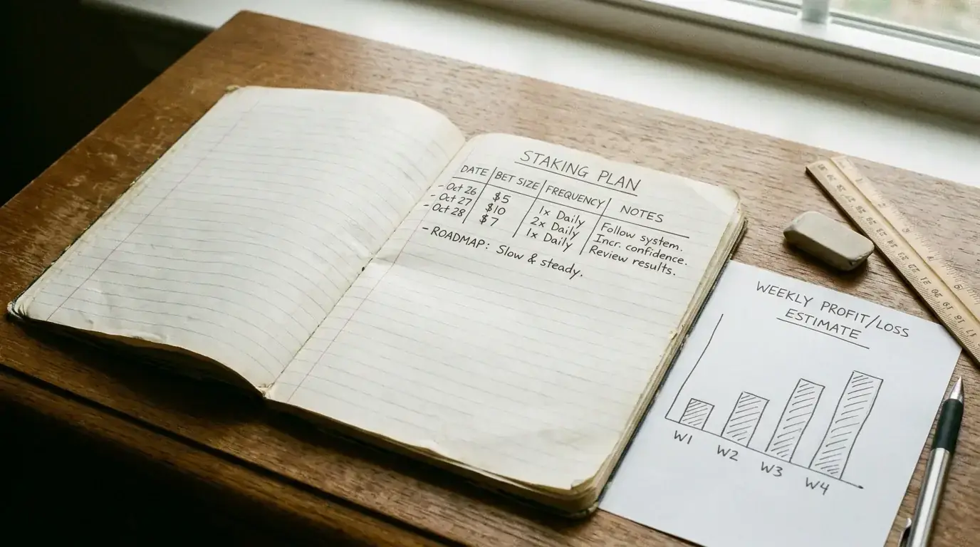 Notebook showing a staking plan for NHL parlay bets
