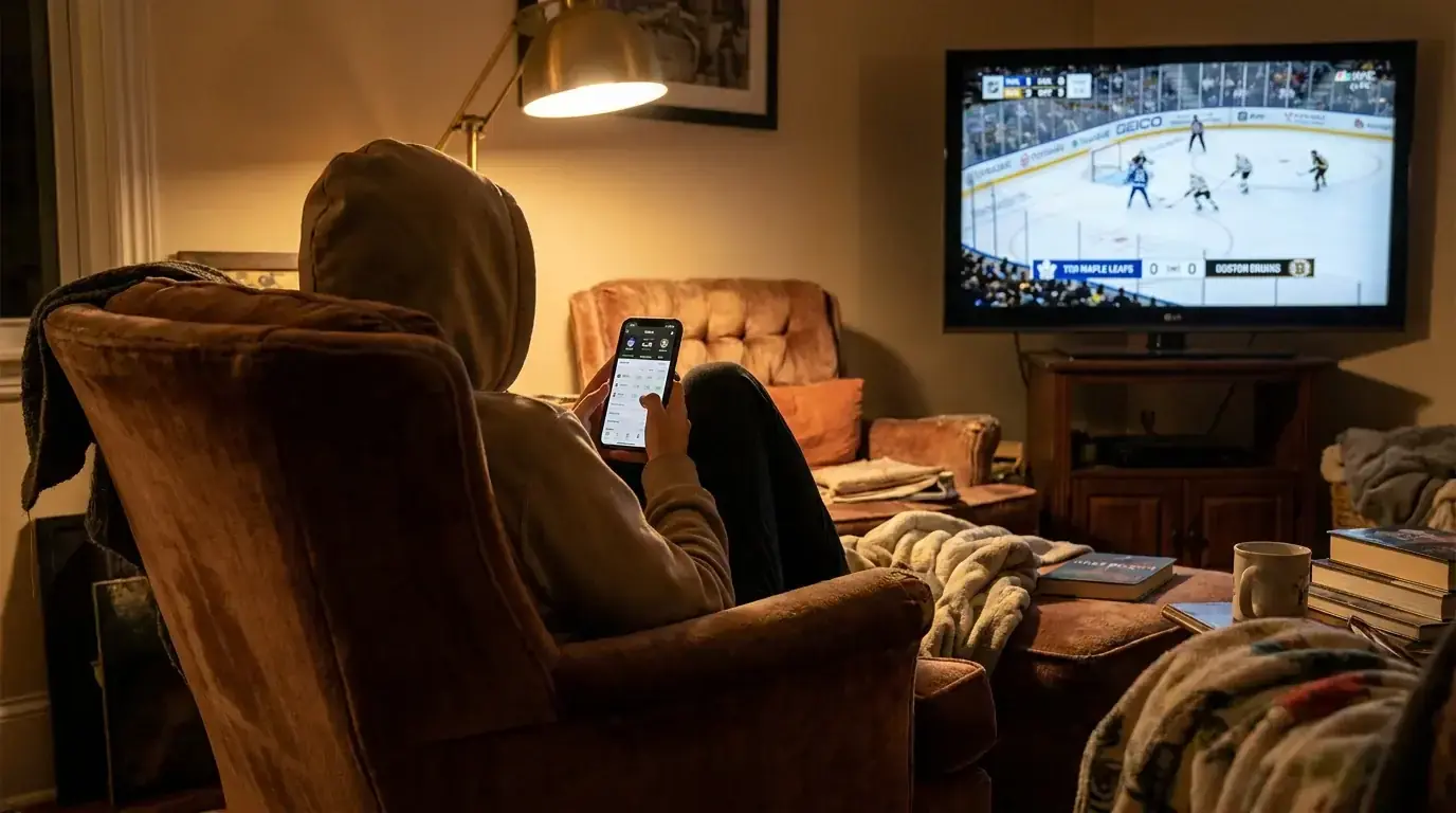 UK bettor reviewing NHL home team odds on a mobile device