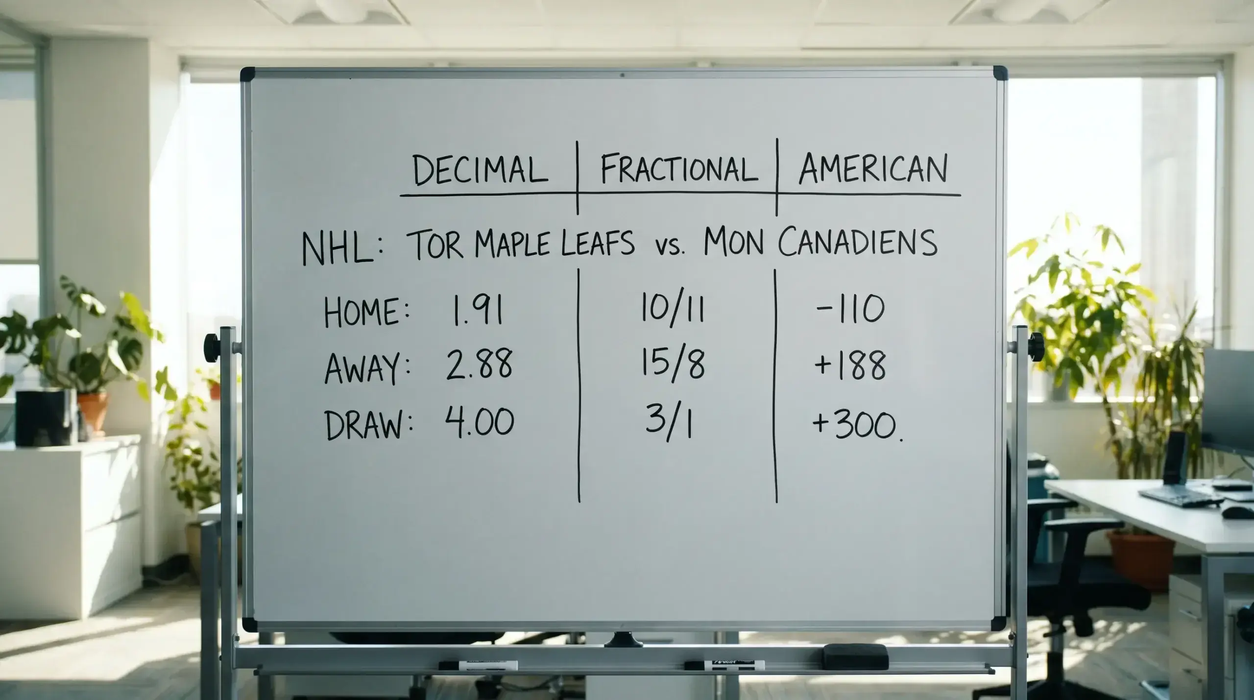 Three odds formats displayed side by side for NHL betting