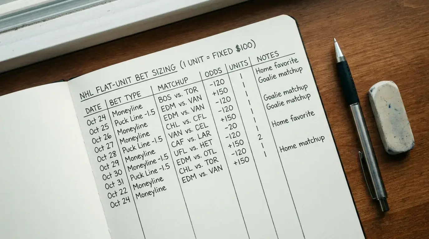 Notebook showing flat-unit staking plan for NHL betting