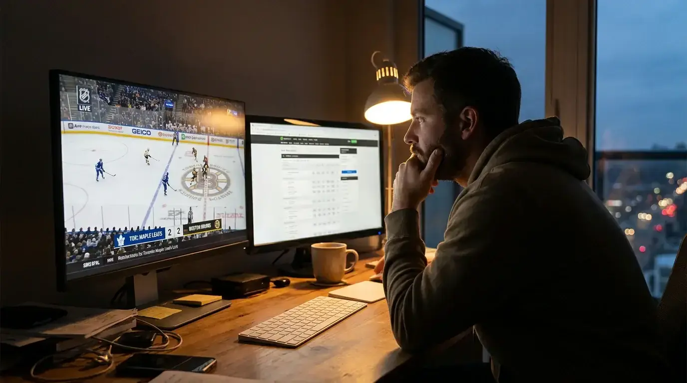Focused bettor watching an NHL game on screen while considering a live bet