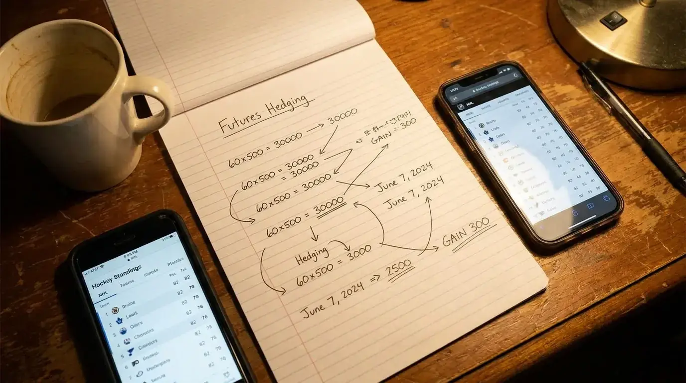 Notes showing an NHL futures hedging strategy calculation