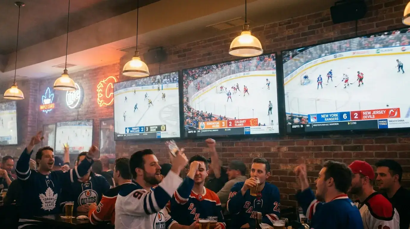 Multiple NHL games displayed on screens for accumulator betting