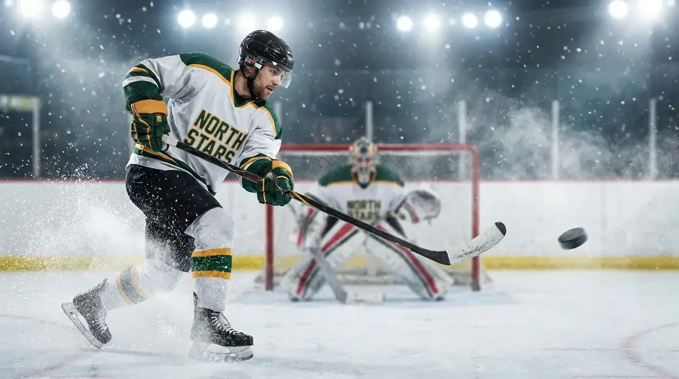 NHL player taking a powerful shot on goal during a game