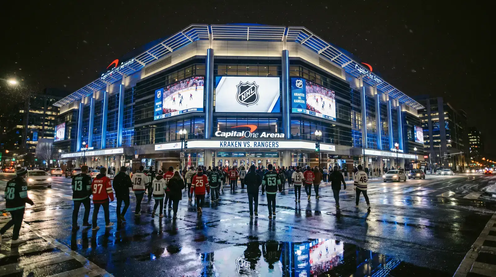 NHL arena exterior lit up on a game night