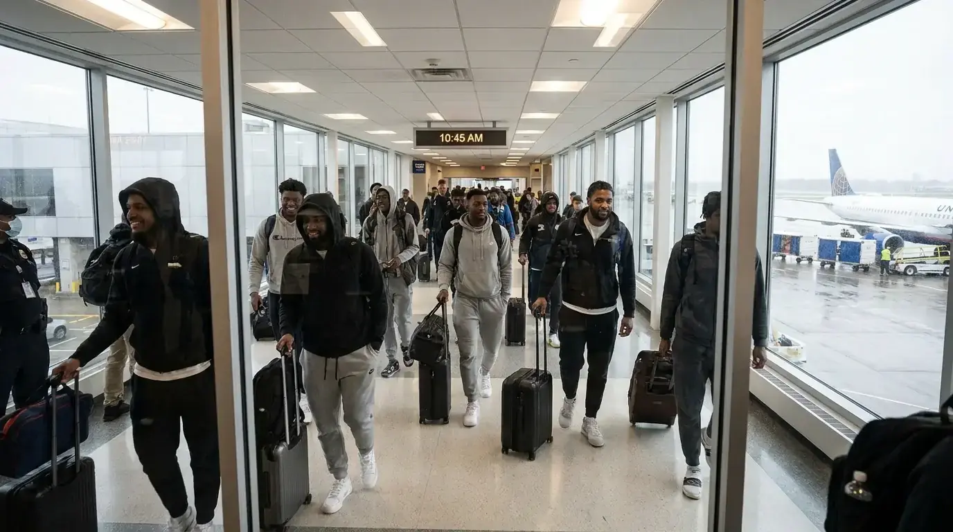 NHL team travelling through an airport on a road trip