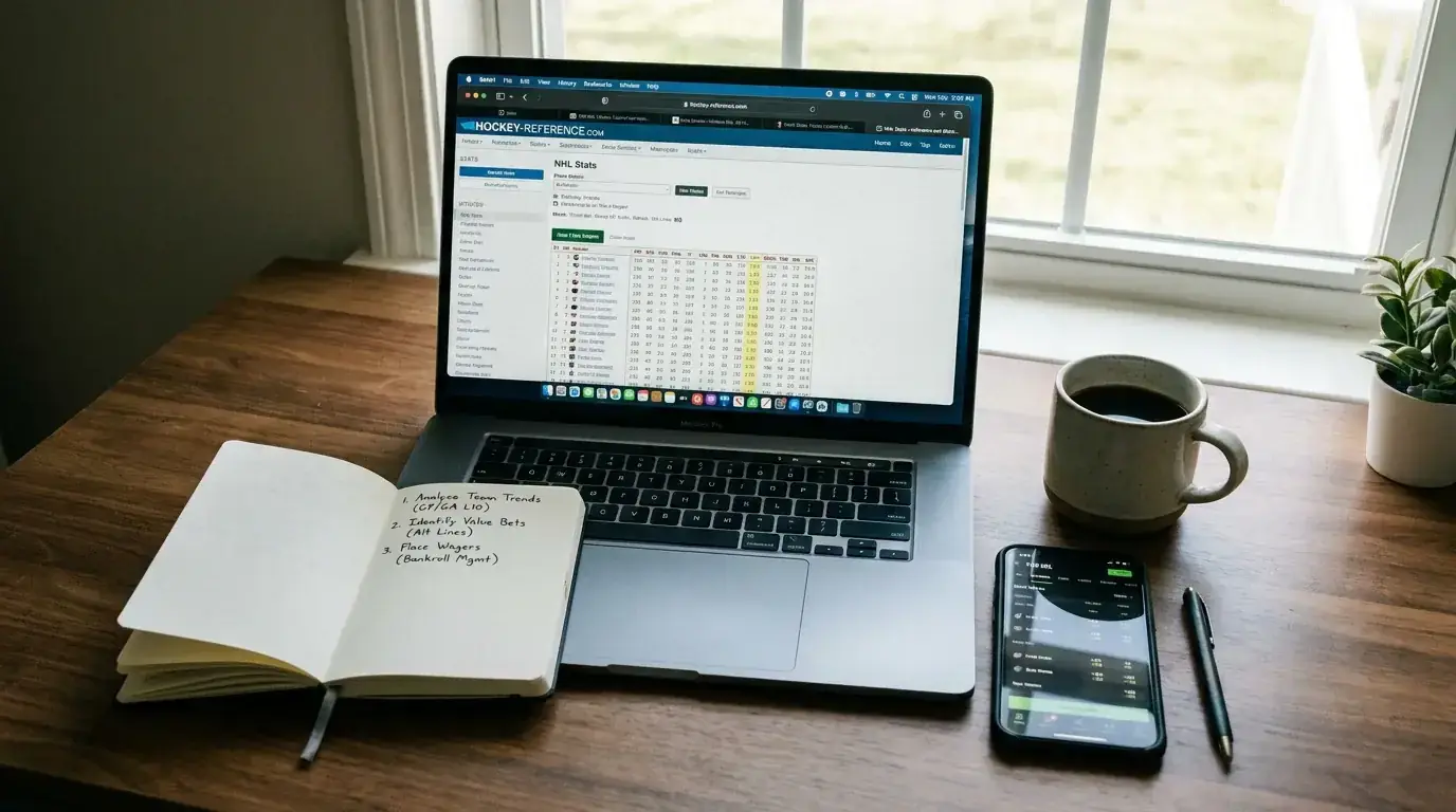 Desk setup showing xG analysis workflow for NHL totals betting