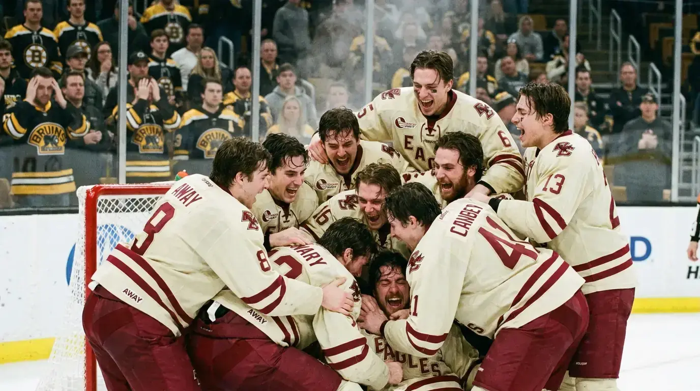 NHL underdog team celebrating an upset victory on ice