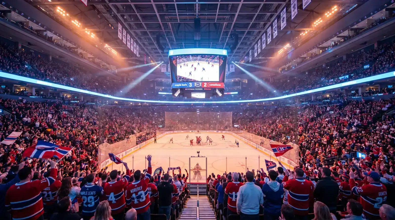 NHL ice hockey arena with packed crowd and bright overhead lights during a regular-season game