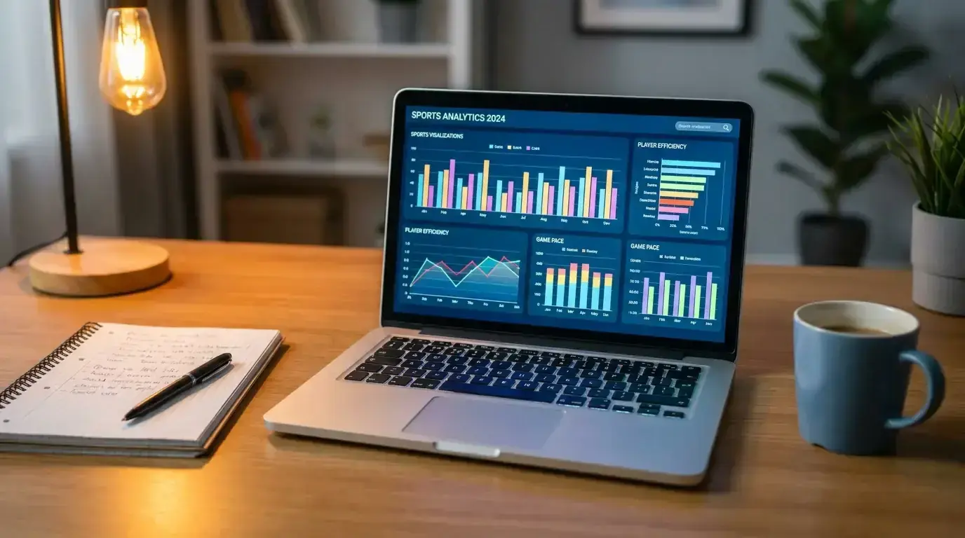 Laptop screen showing hockey analytics charts and possession data with a notebook beside it on a desk