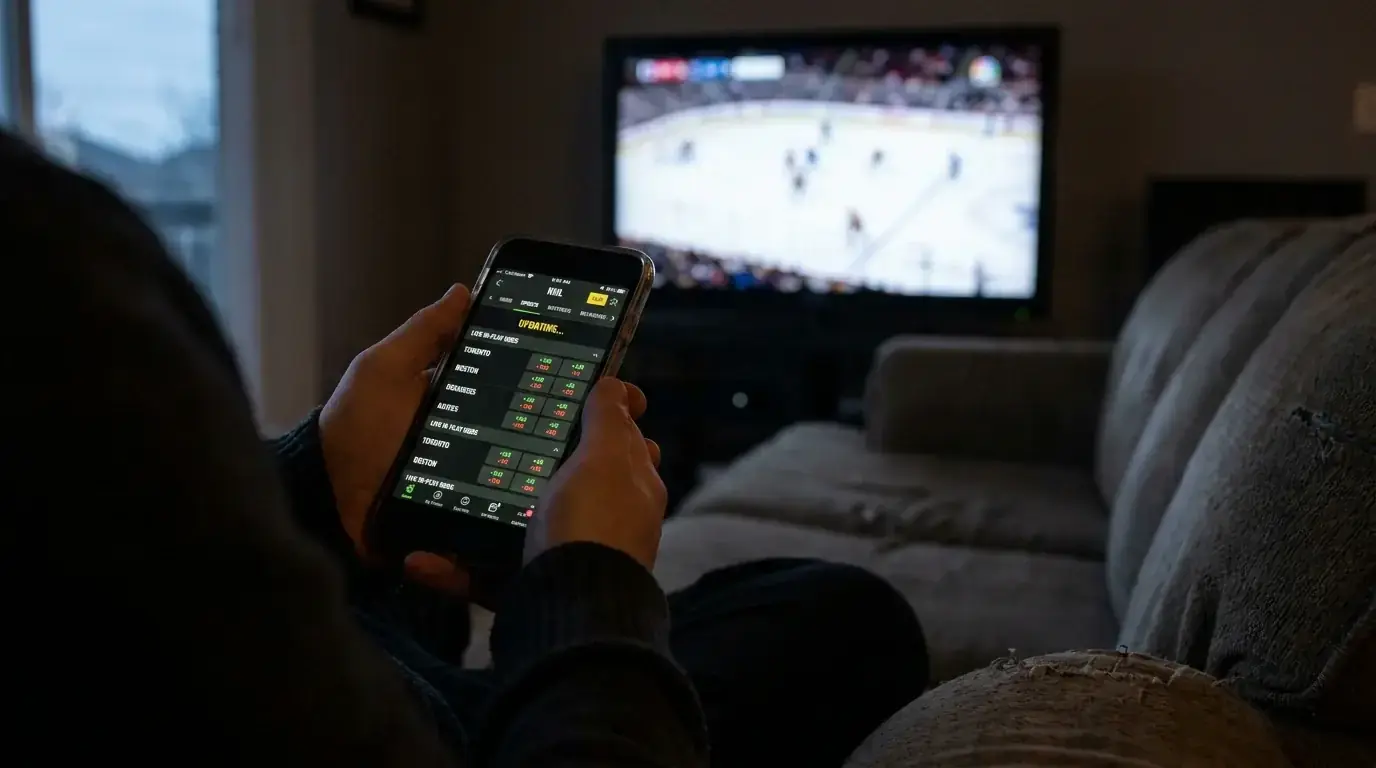 Live NHL betting interface on a smartphone during a game