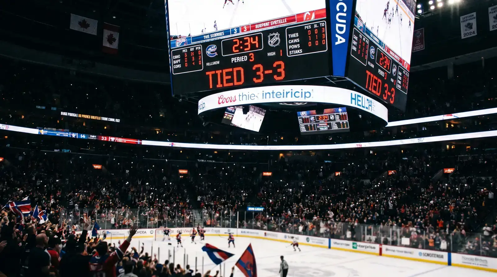 NHL arena game clock showing final minutes of a close game