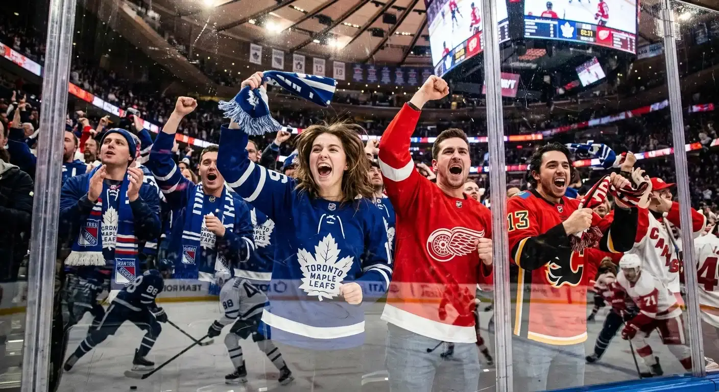 Enthusiastic ice hockey crowd waving team scarves and cheering behind the glass at an NHL arena