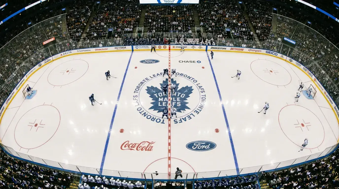 Overhead view of an NHL ice hockey rink during a game