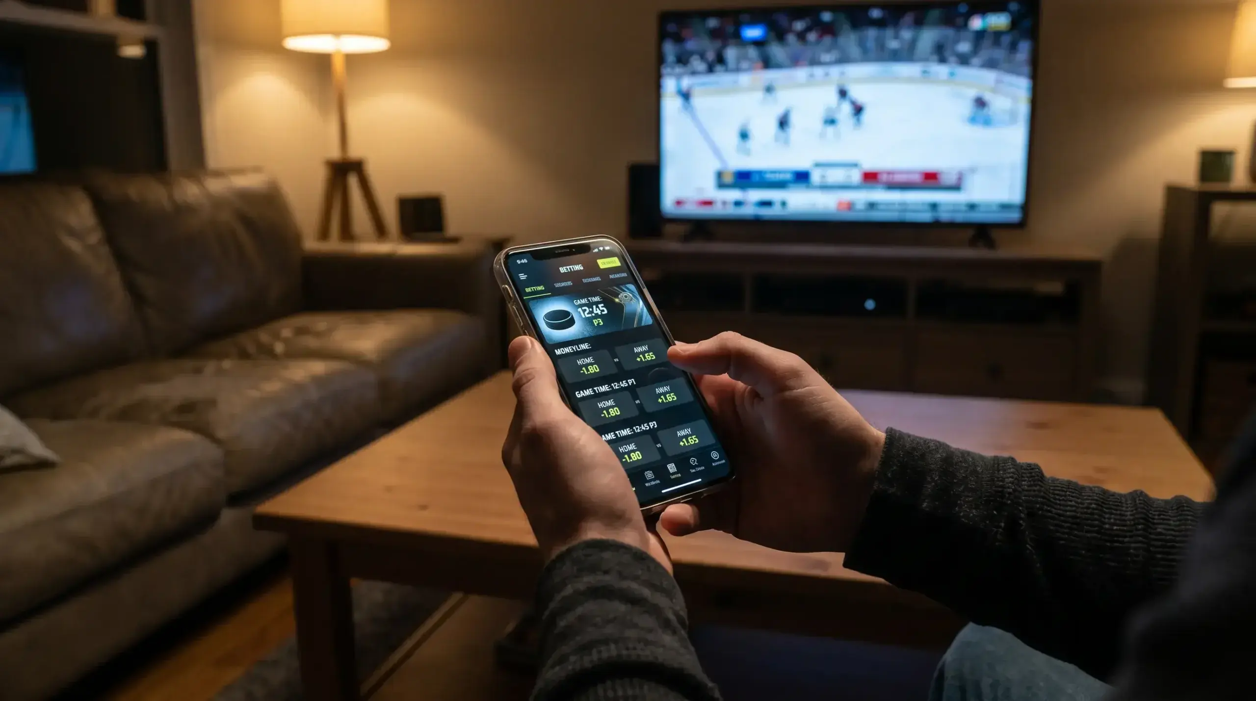NHL live in-play betting interface showing real-time odds during a hockey game