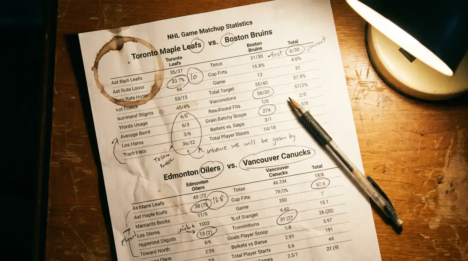 Printed NHL matchup statistics used for same game parlay research