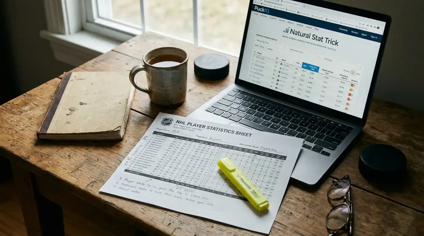 Desk with NHL player statistics research for prop betting analysis