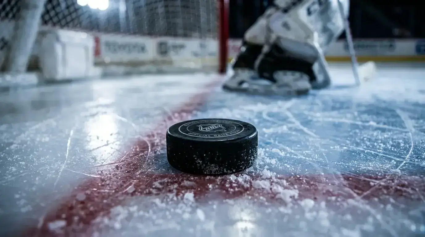Close-up of an ice hockey puck resting near the goal line on a freshly resurfaced rink