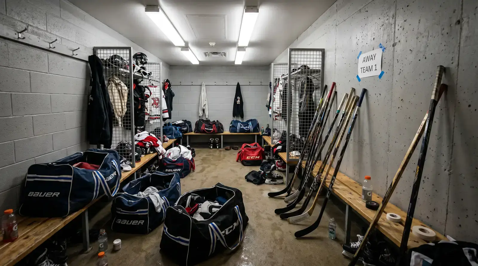 NHL team in a visitor locker room during a long road trip