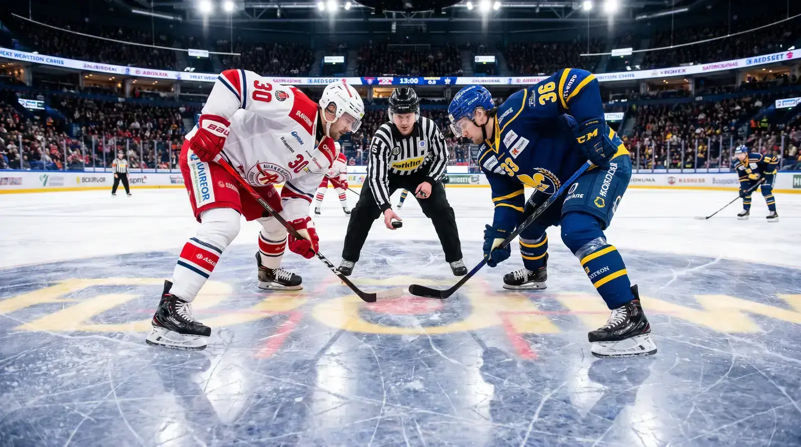 Two NHL centres positioned for a faceoff at centre ice with the referee holding the puck between them