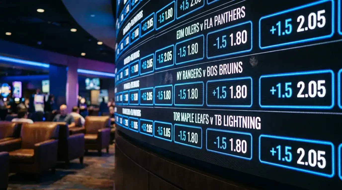 NHL odds board showing puck line spread pricing at a sportsbook