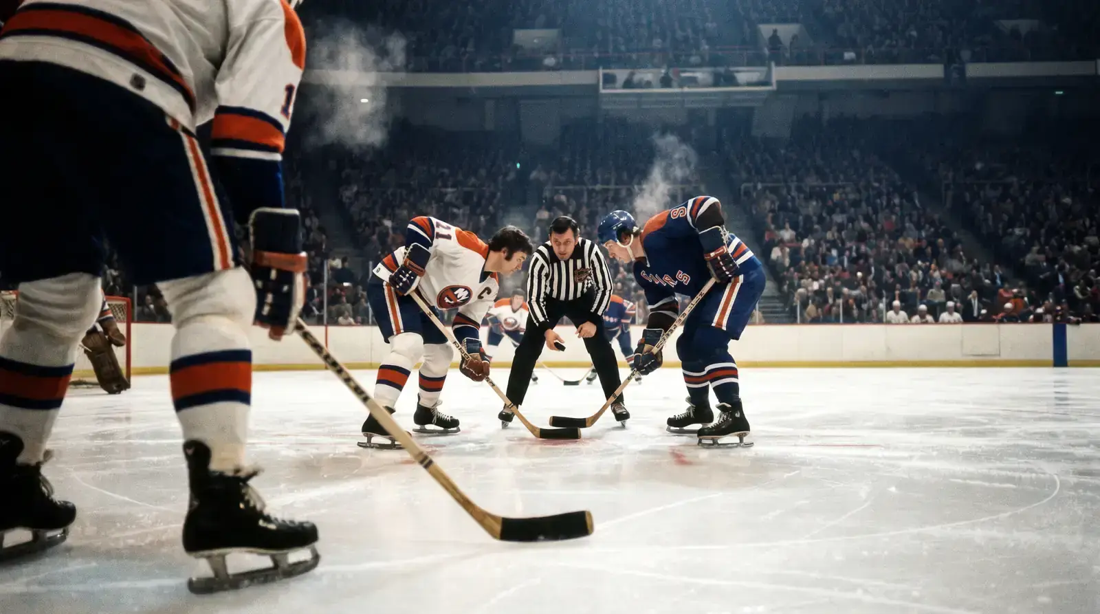 Two NHL teams lined up for a faceoff at centre ice