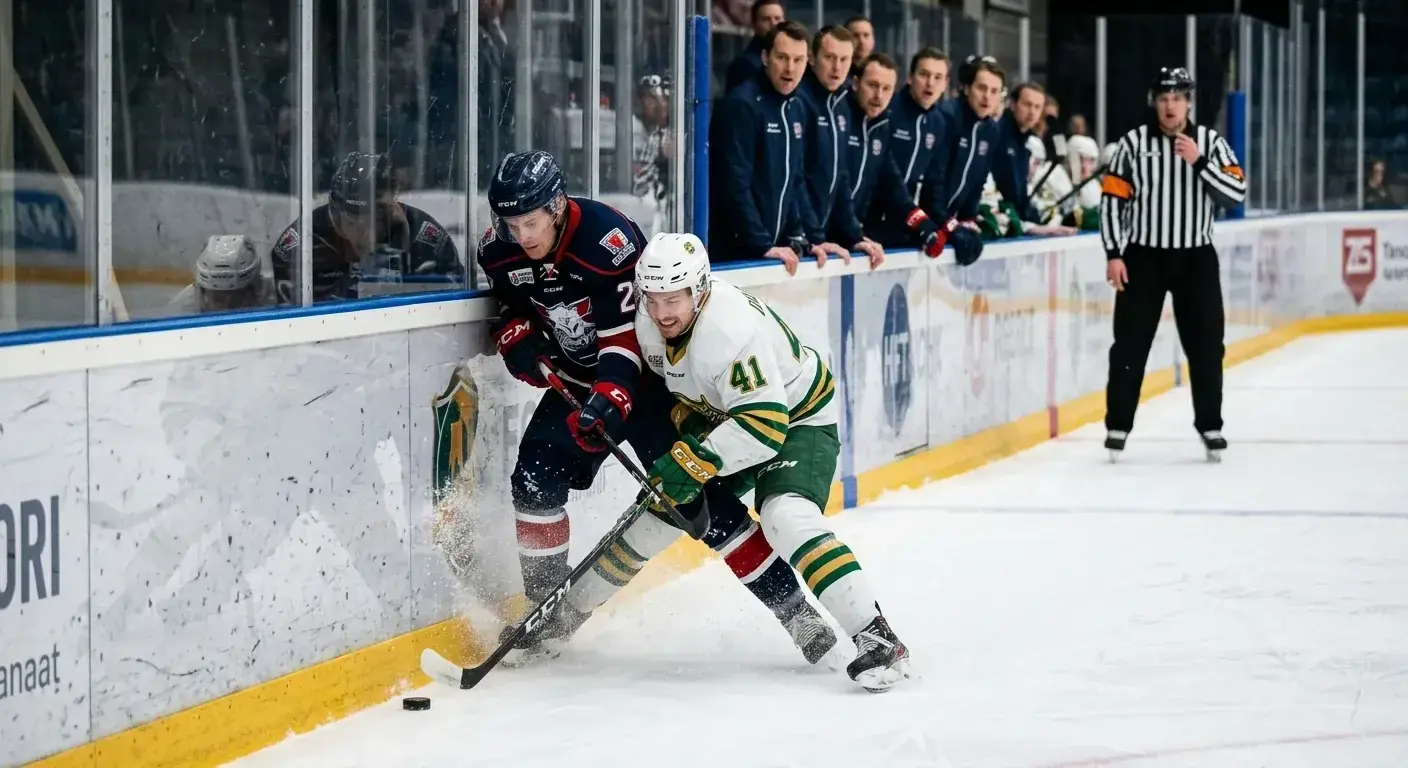 Intense NHL third period action with players battling near the boards