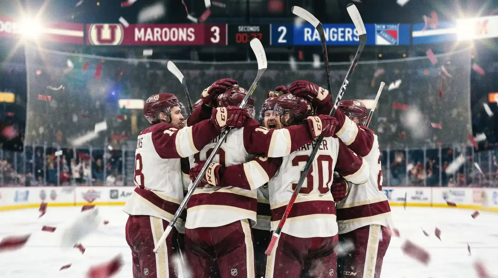 NHL underdog team celebrating a surprise victory on ice