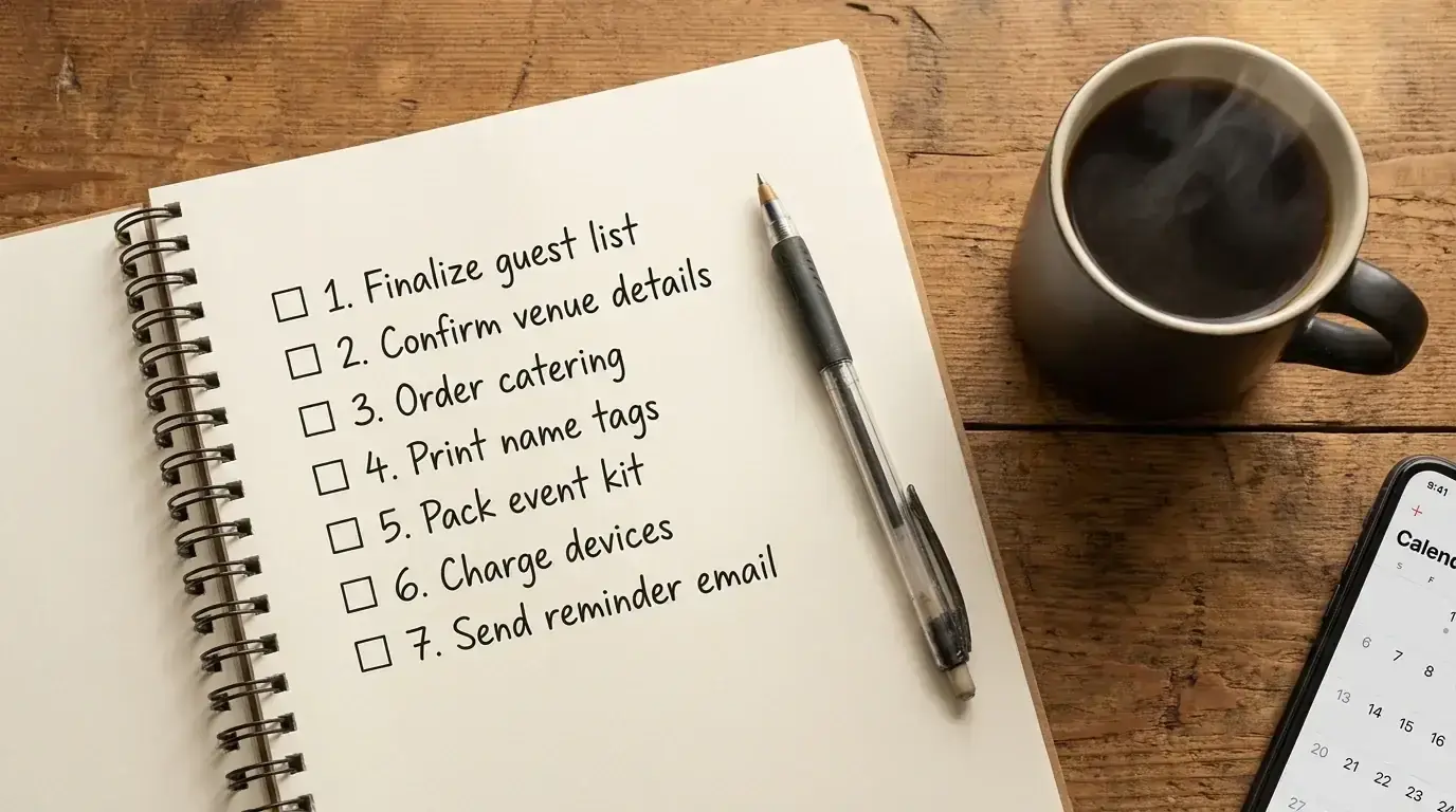 Open notebook with handwritten checklist items and a pen resting on a desk beside a mug
