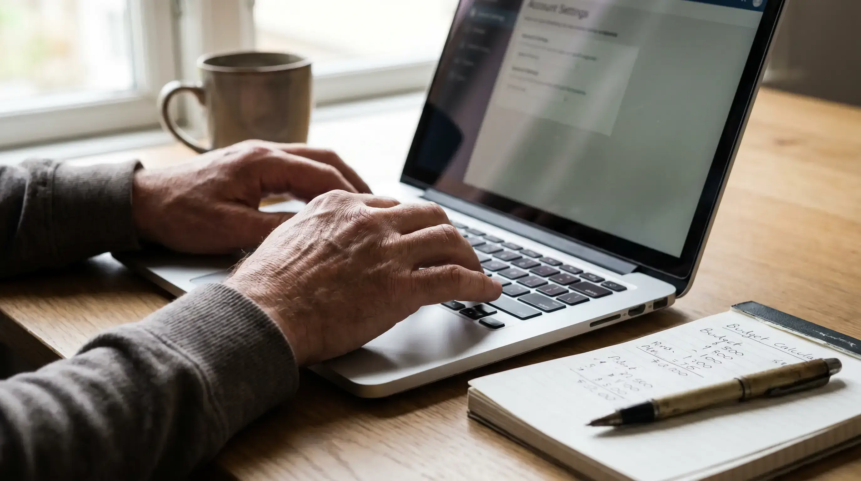 Close-up of hands using a laptop keyboard with a notepad showing written budget figures beside it