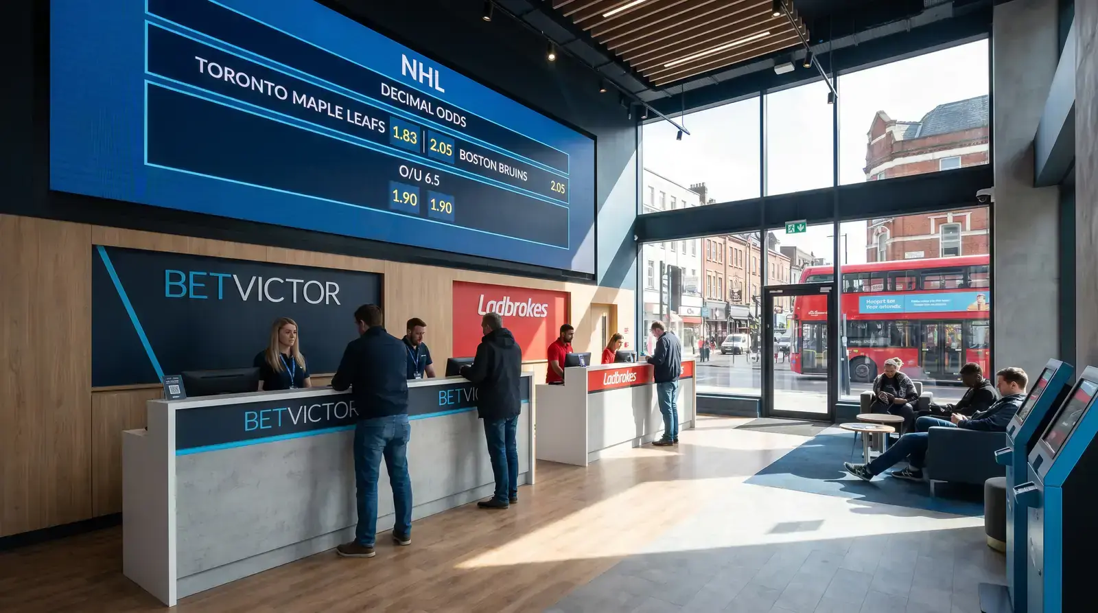 UK bookmaker shop displaying NHL hockey odds on screen